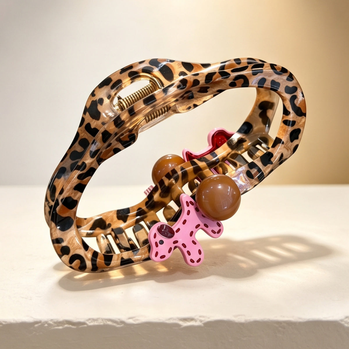 Leopard Print Pink Animal Pendant Acetate Claw Clip