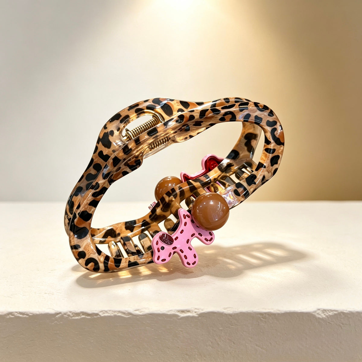 Leopard Print Pink Animal Pendant Acetate Claw Clip