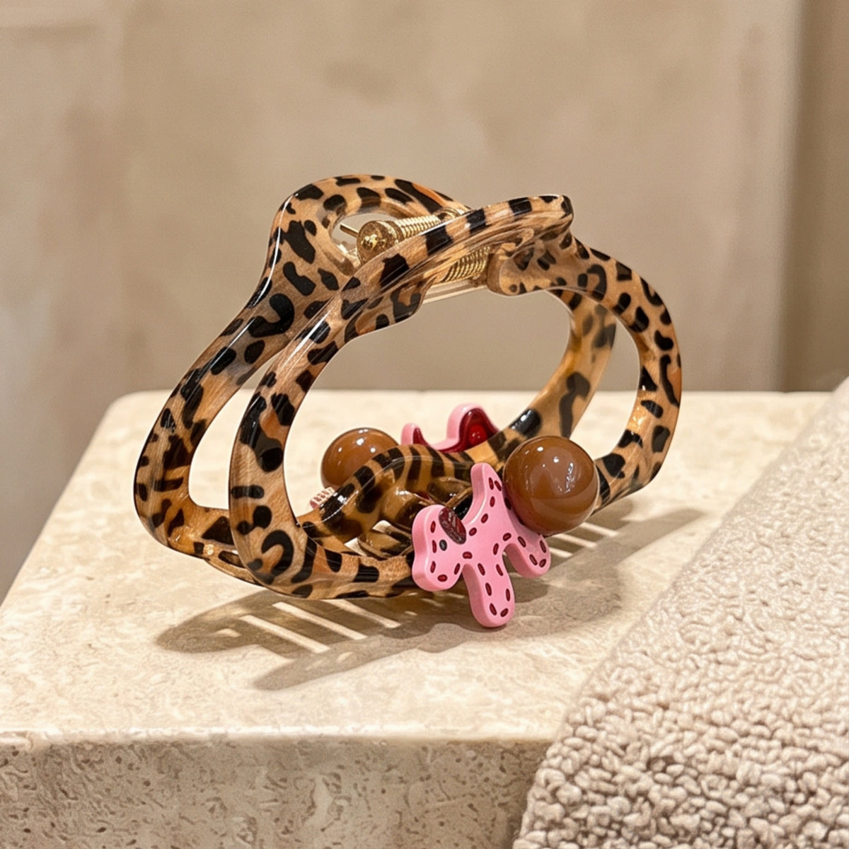 Leopard Print Pink Animal Pendant Acetate Claw Clip