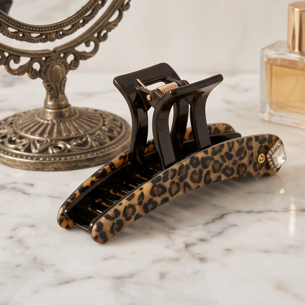 Leopard Print Square Rhinestone Acetate Claw Clip