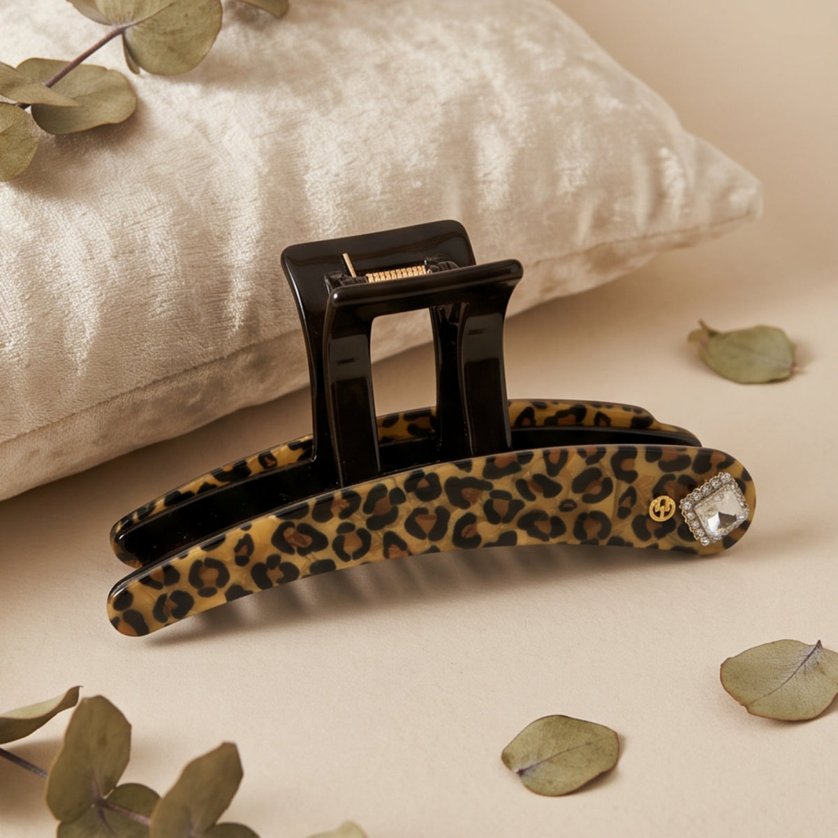 Leopard Print Square Rhinestone Acetate Claw Clip