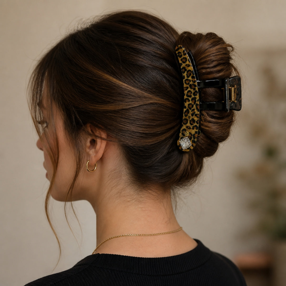Leopard Print Square Rhinestone Acetate Claw Clip