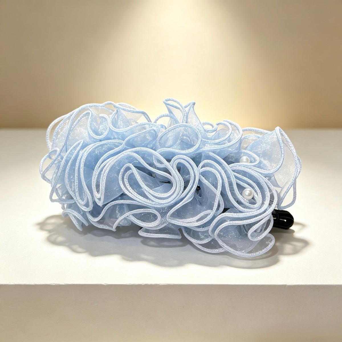 Light Blue Pearl Pleated Mesh Banana Hair Clip