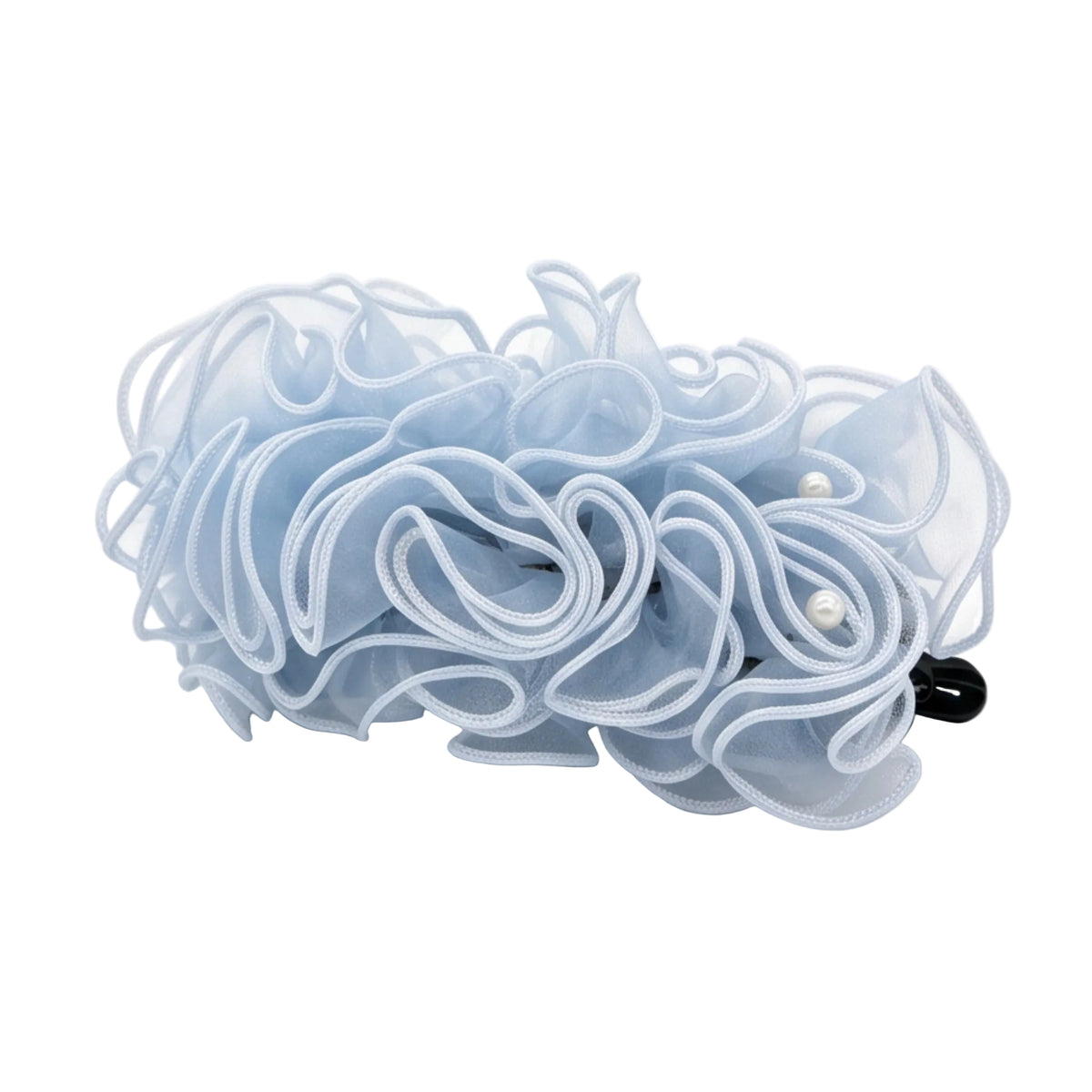 A light blue ruffled hair accessory with sheer mesh loops and two small white pearl-like beads, shown on a plain white background.