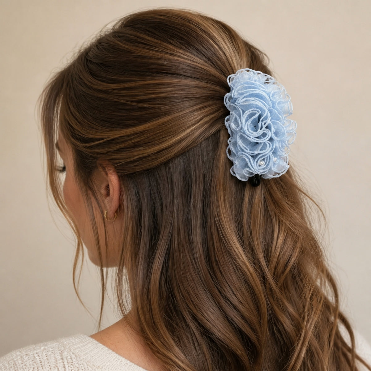 Light Blue Pearl Pleated Mesh Banana Hair Clip
