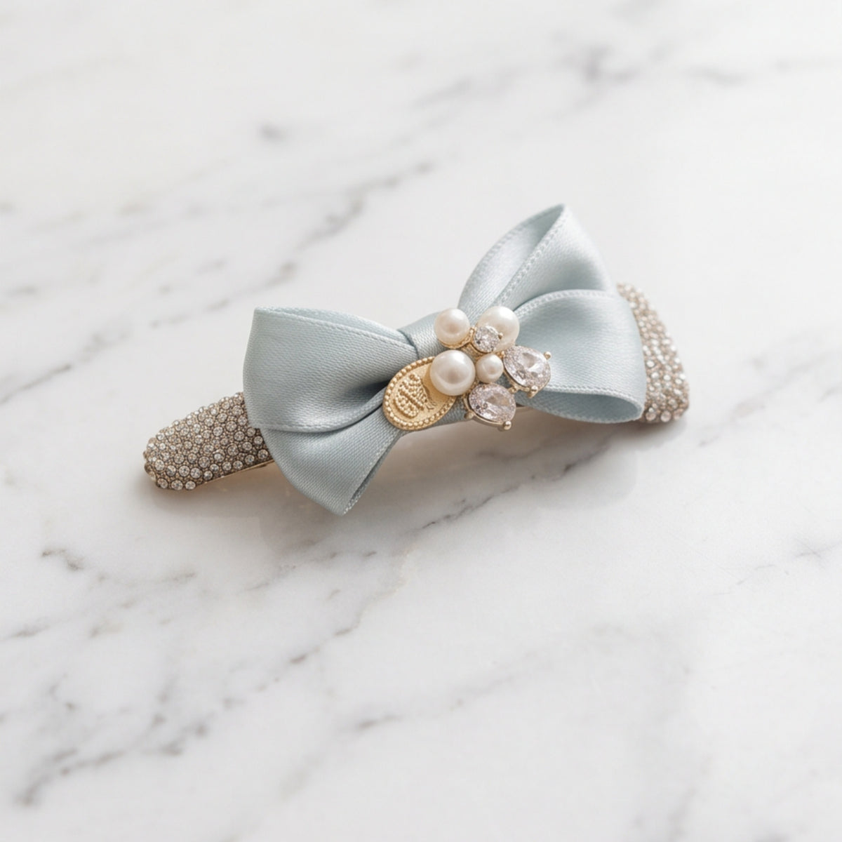 Light Blue Satin Bow Pearl Rhinestone Snap Hair Clip