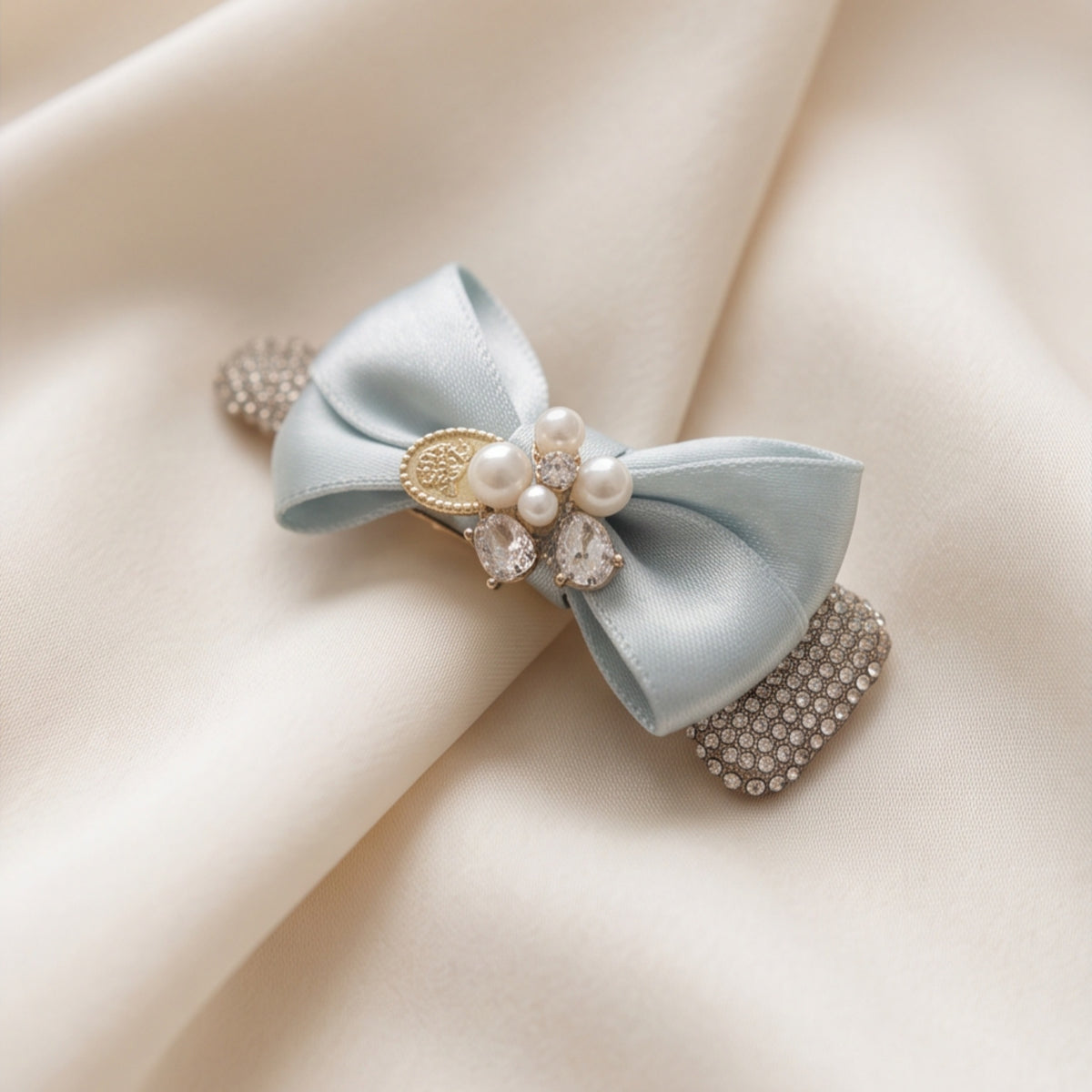 Light Blue Satin Bow Pearl Rhinestone Snap Hair Clip