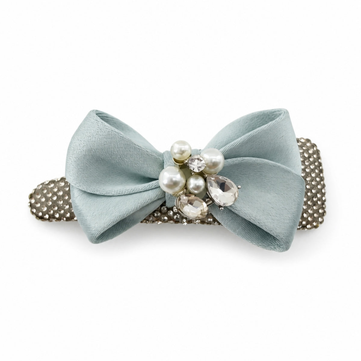 Light Blue Satin Bow Pearl Rhinestone Snap Hair Clip