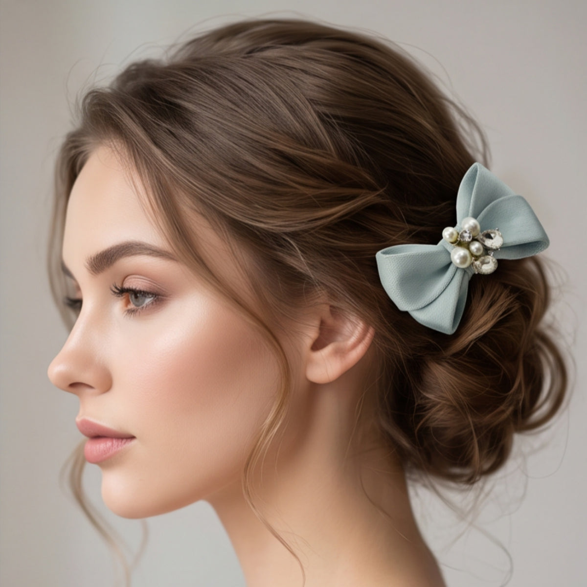 Light Blue Satin Bow Pearl Rhinestone Snap Hair Clip