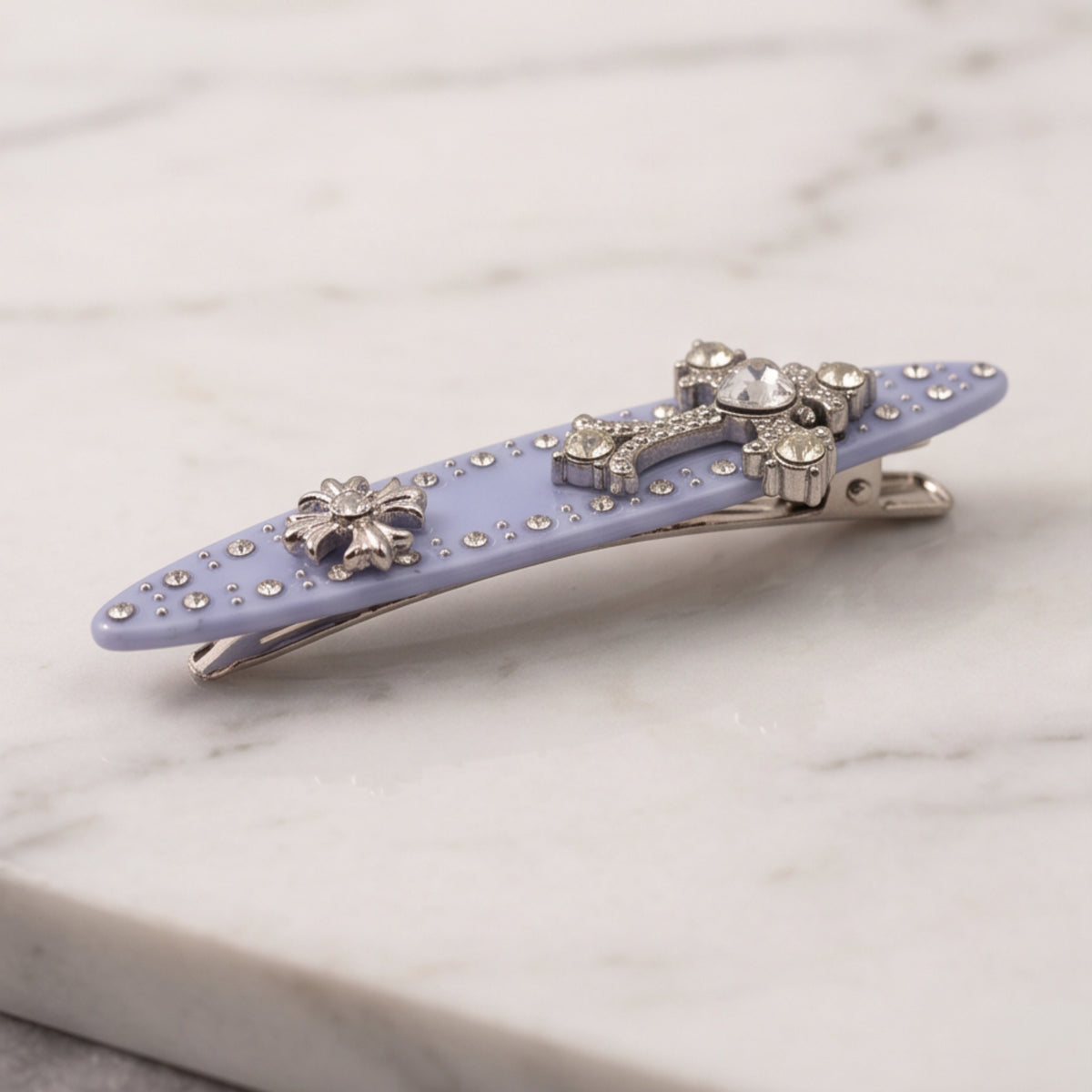 Light Blue Y2K Cross & Flower Rhinestone Alligator Hair Clip