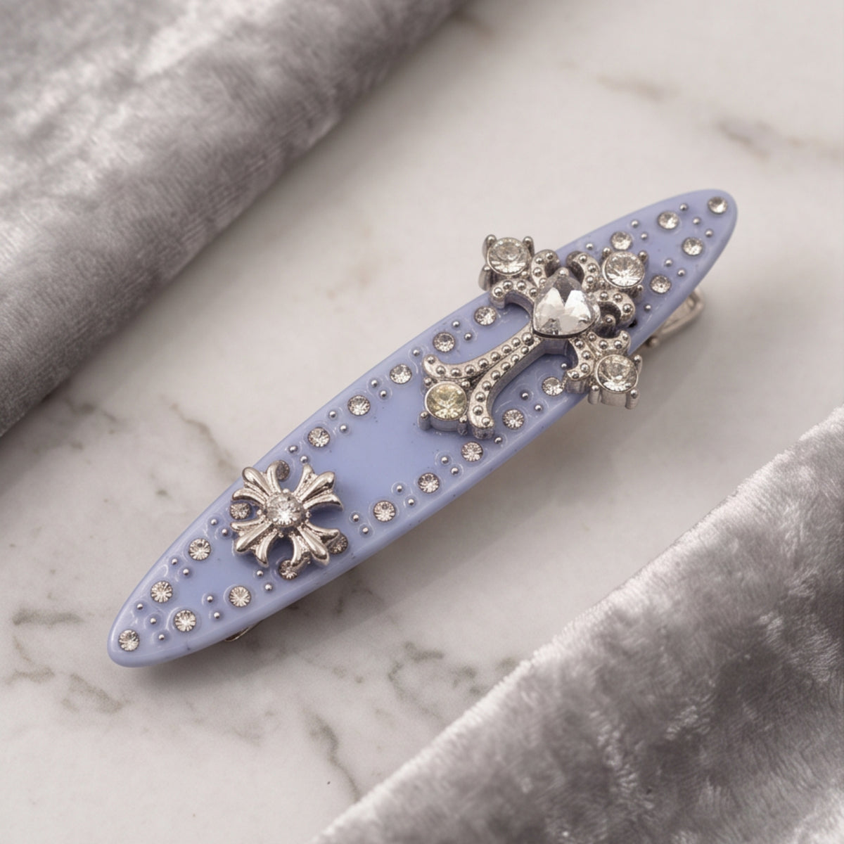 Light Blue Y2K Cross & Flower Rhinestone Alligator Hair Clip
