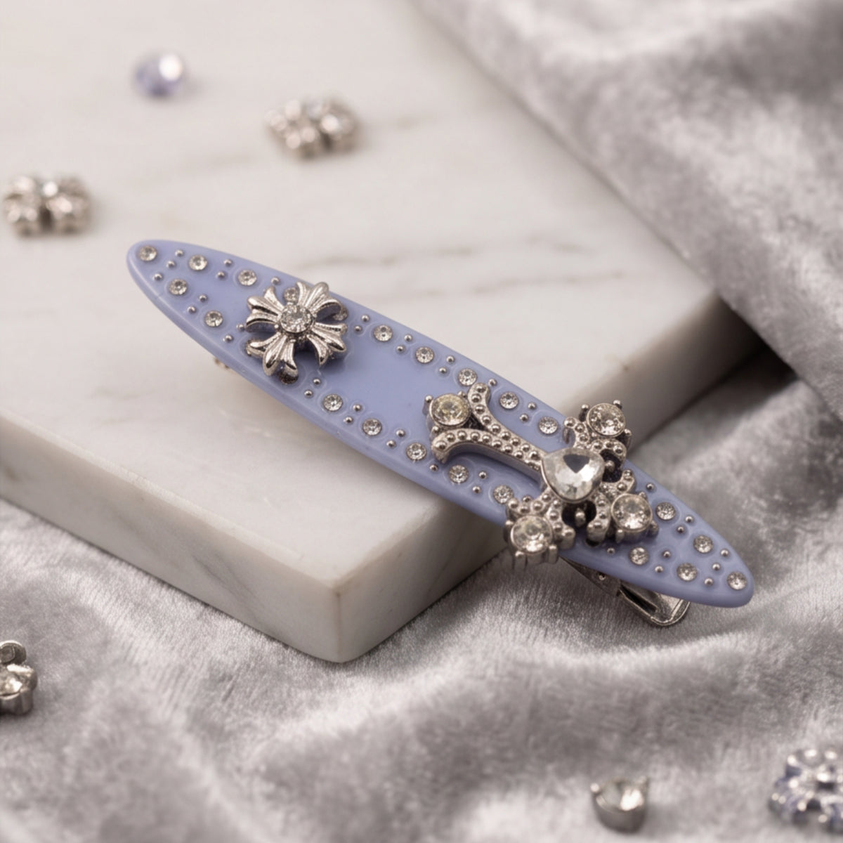 Light Blue Y2K Cross & Flower Rhinestone Alligator Hair Clip