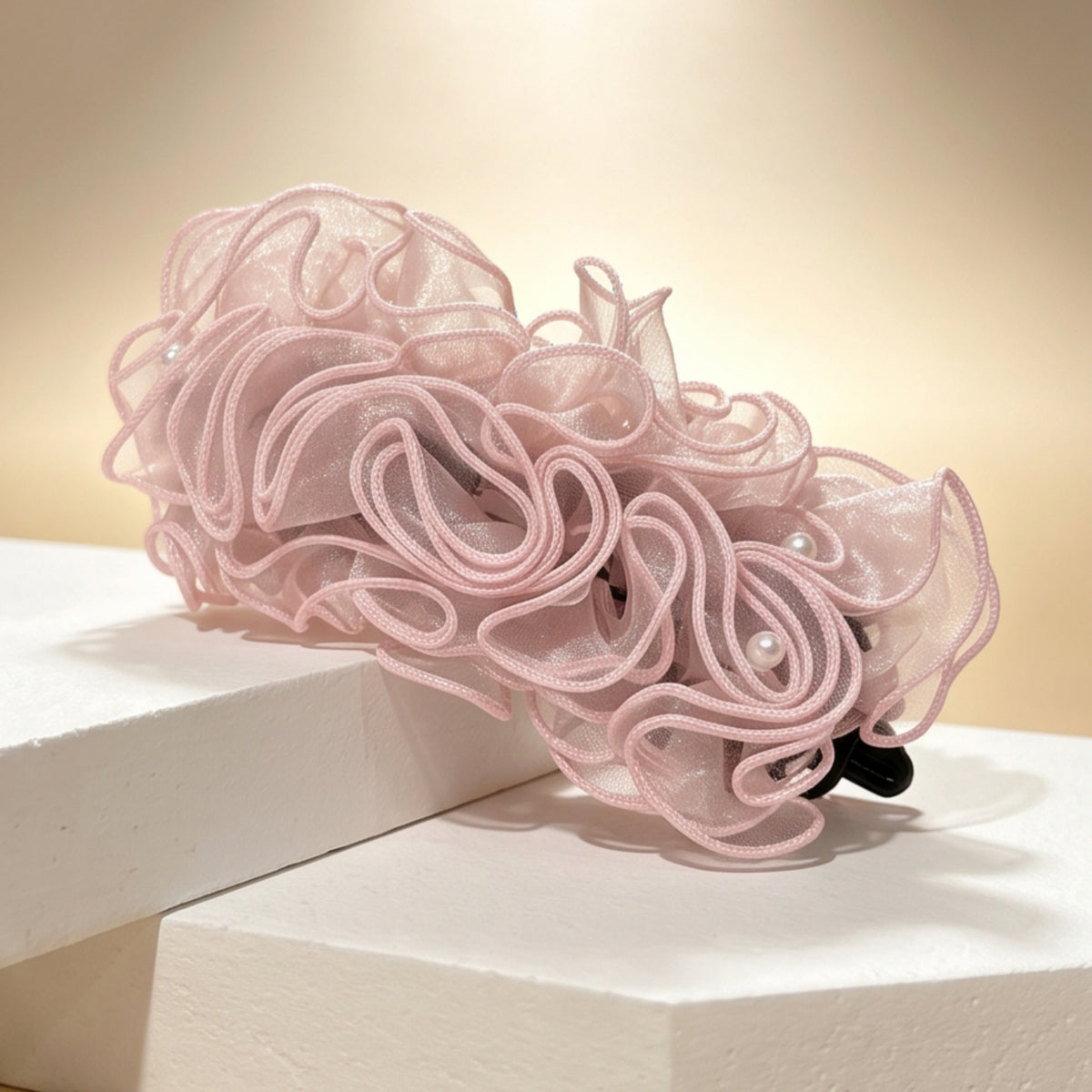 Light Pink Pearl Pleated Mesh Banana Hair Clip