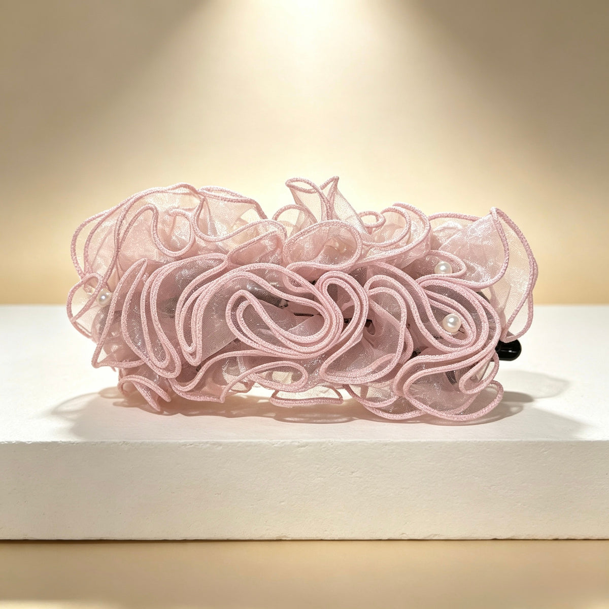 Light Pink Pearl Pleated Mesh Banana Hair Clip