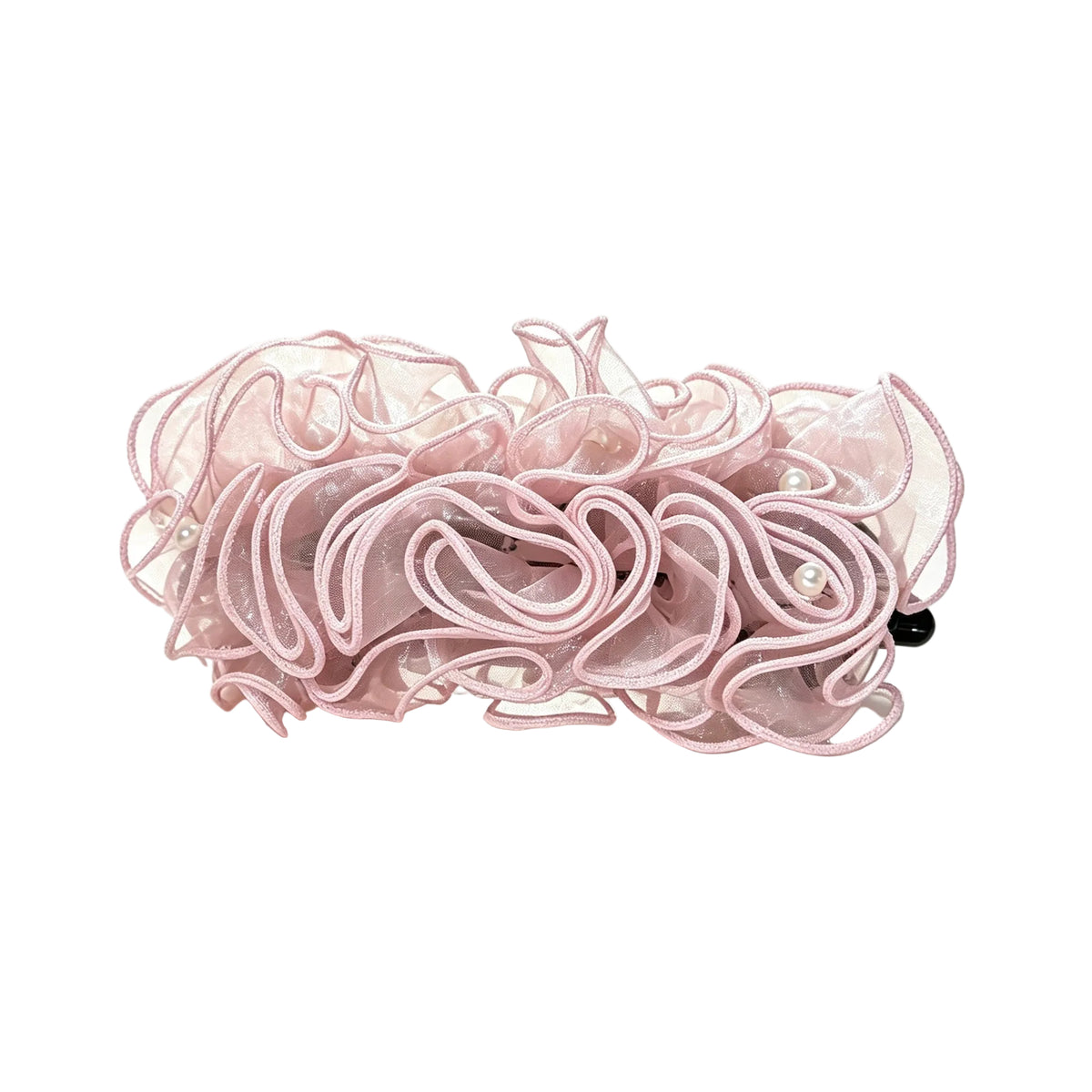 A light pink sheer ruffled hair accessory with pearl-like beads and a black elastic band, photographed on a clean white background.