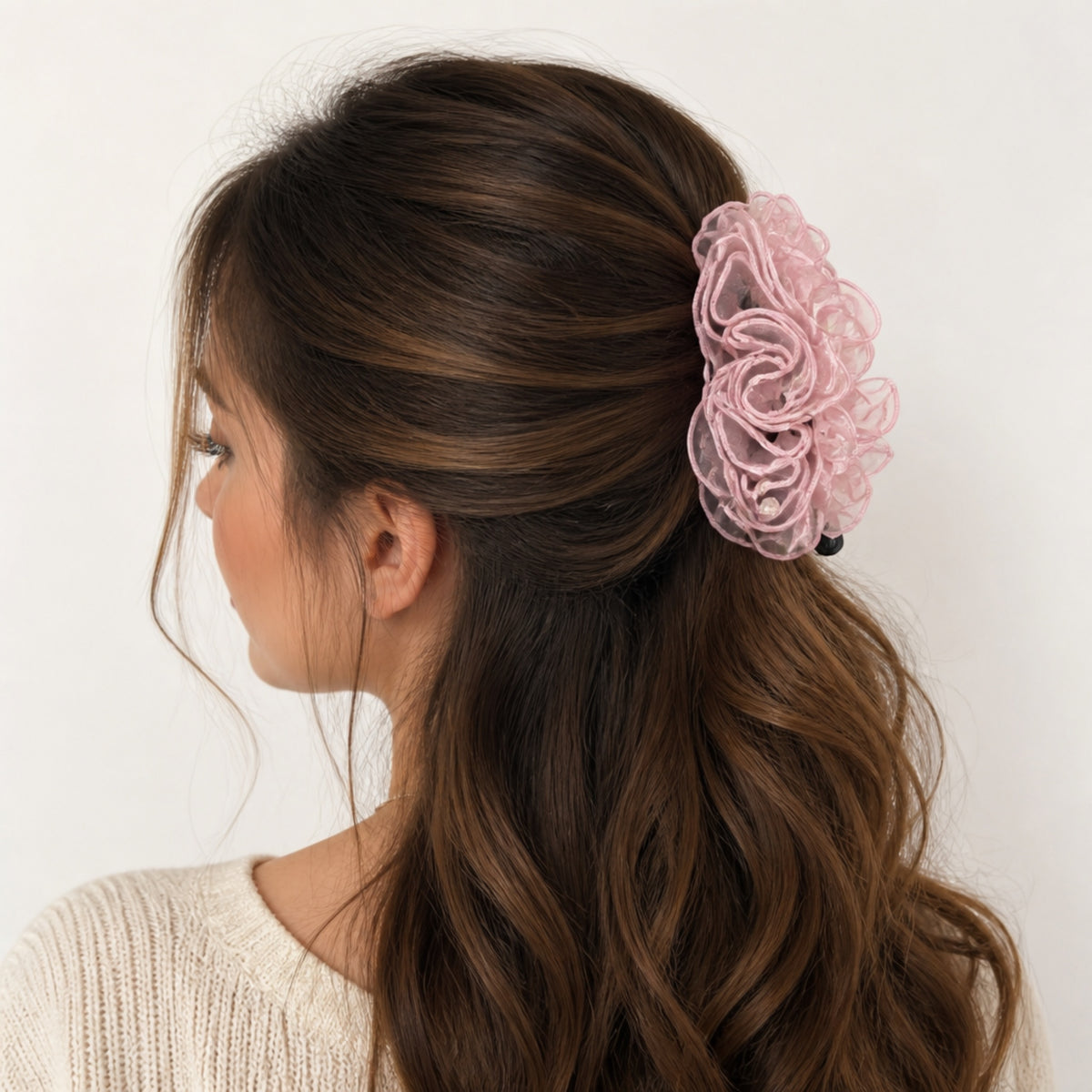 Light Pink Pearl Pleated Mesh Banana Hair Clip