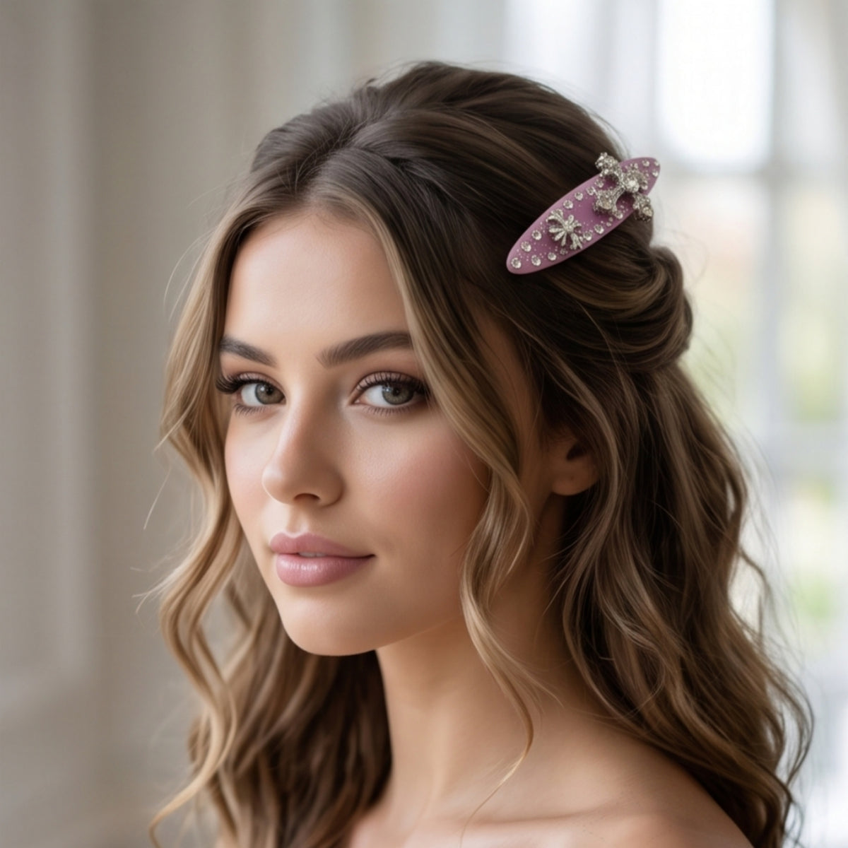 Light Pink Y2K Cross & Flower Rhinestone Alligator Hair Clip