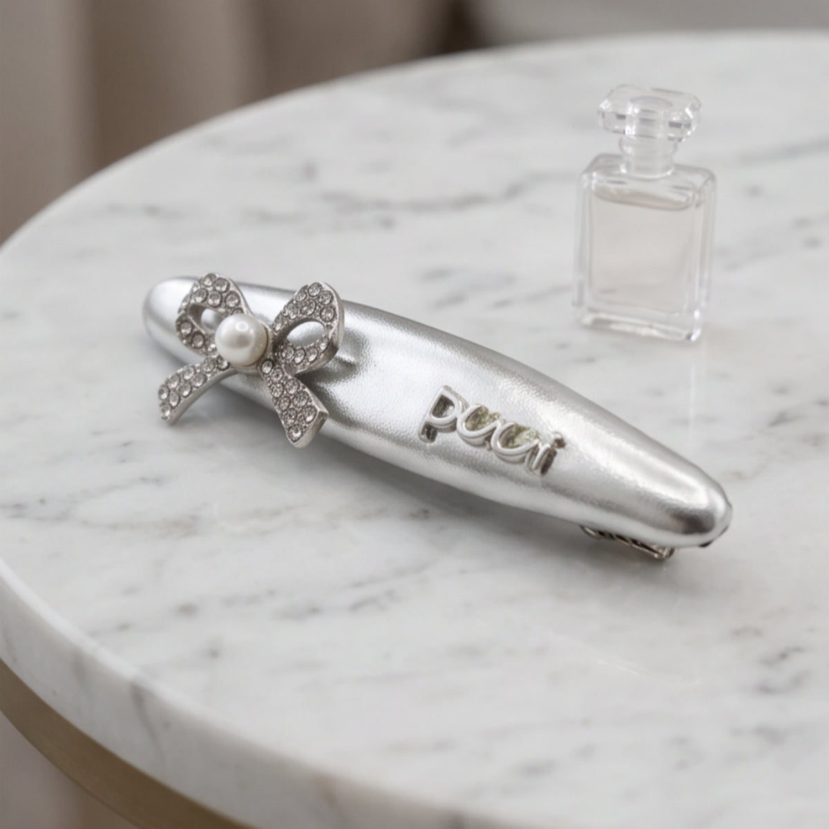Matte Silver Pearl Bow Alligator Hair Clip