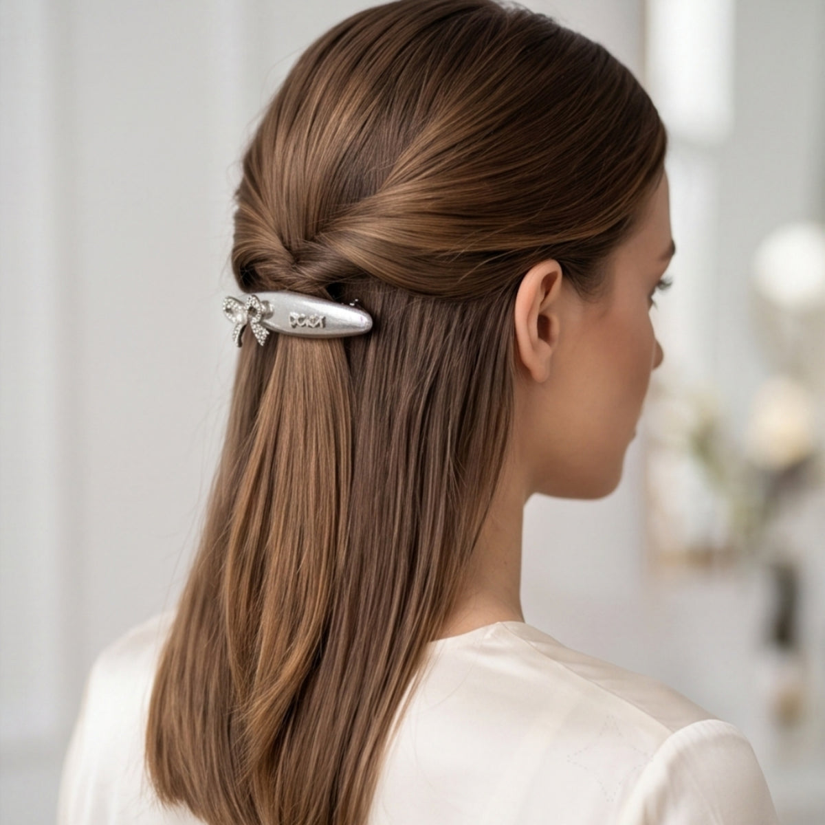 Matte Silver Pearl Bow Alligator Hair Clip