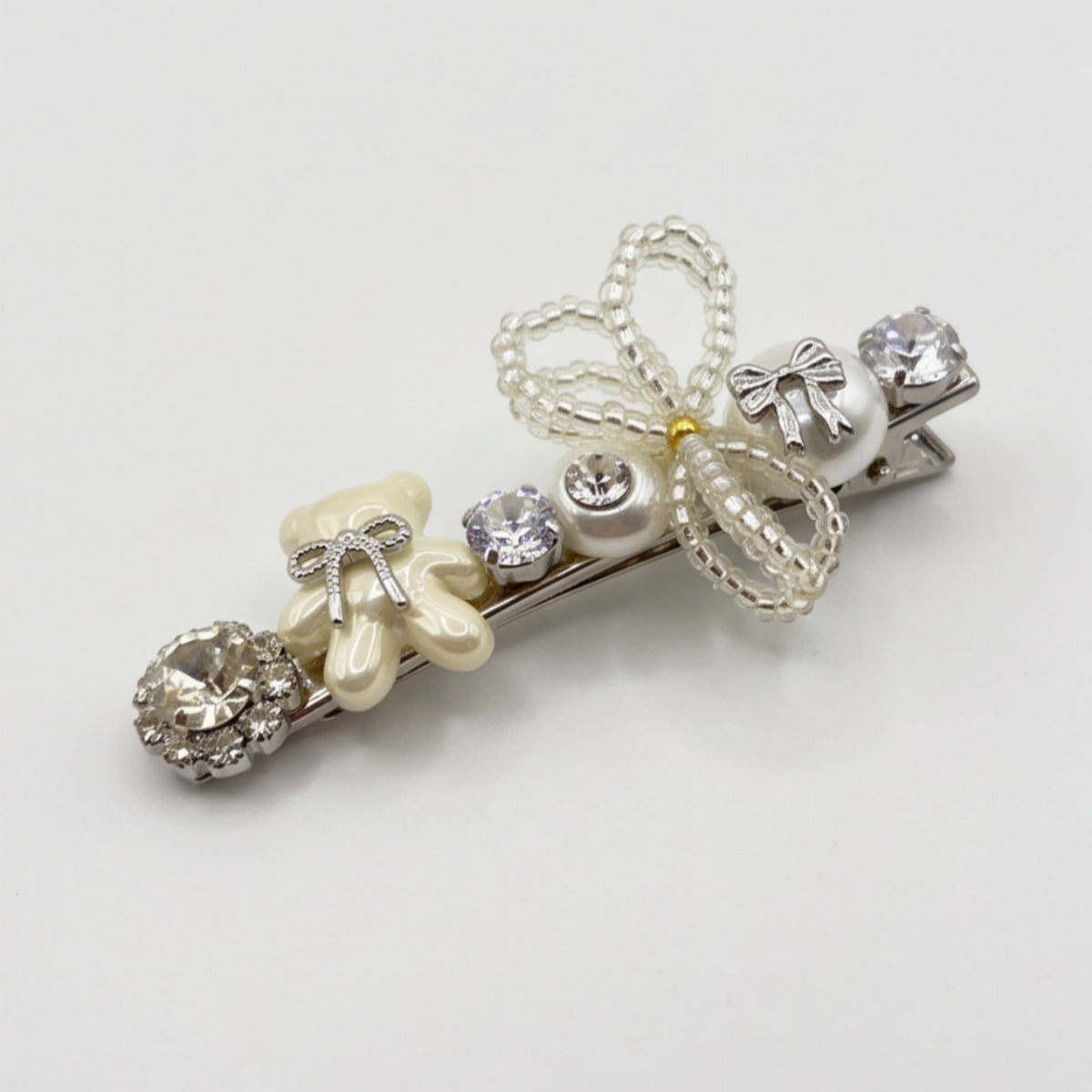 Milky White Teddy Bear Beaded Bow Alligator Hair Clip