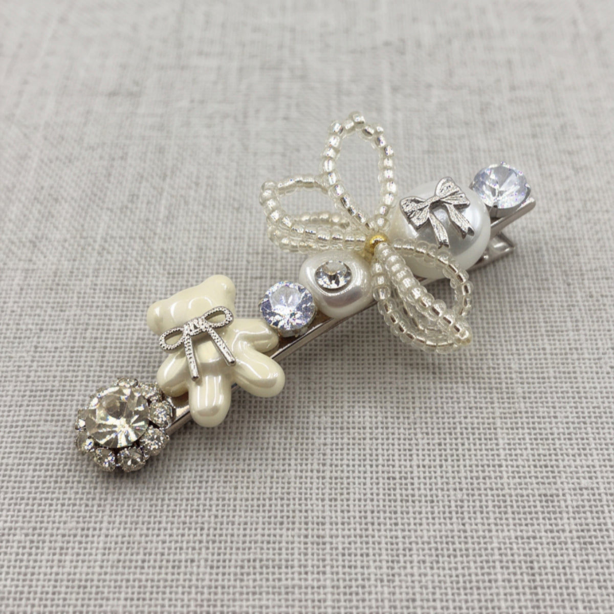 Milky White Teddy Bear Beaded Bow Alligator Hair Clip