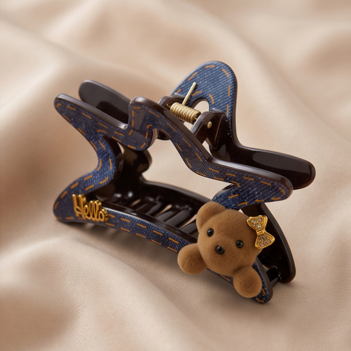 Navy Denim-Look Teddy Bear Acetate Claw Clip