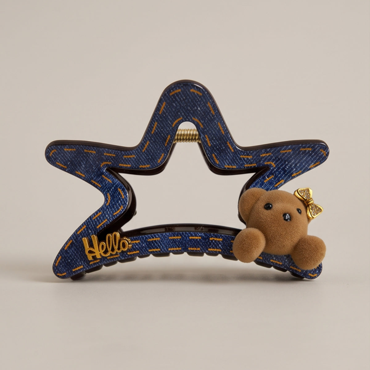 Navy Denim-Look Teddy Bear Acetate Claw Clip