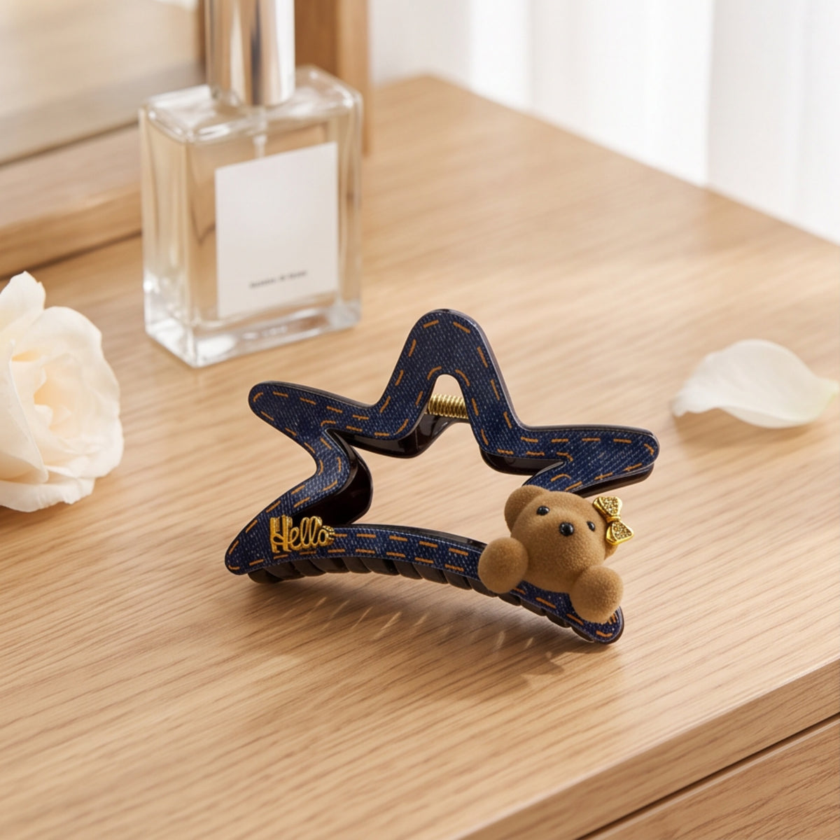 Navy Denim-Look Teddy Bear Acetate Claw Clip