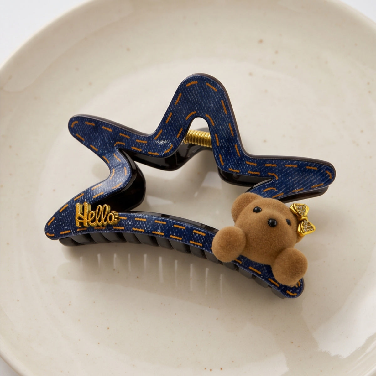 Navy Denim-Look Teddy Bear Acetate Claw Clip