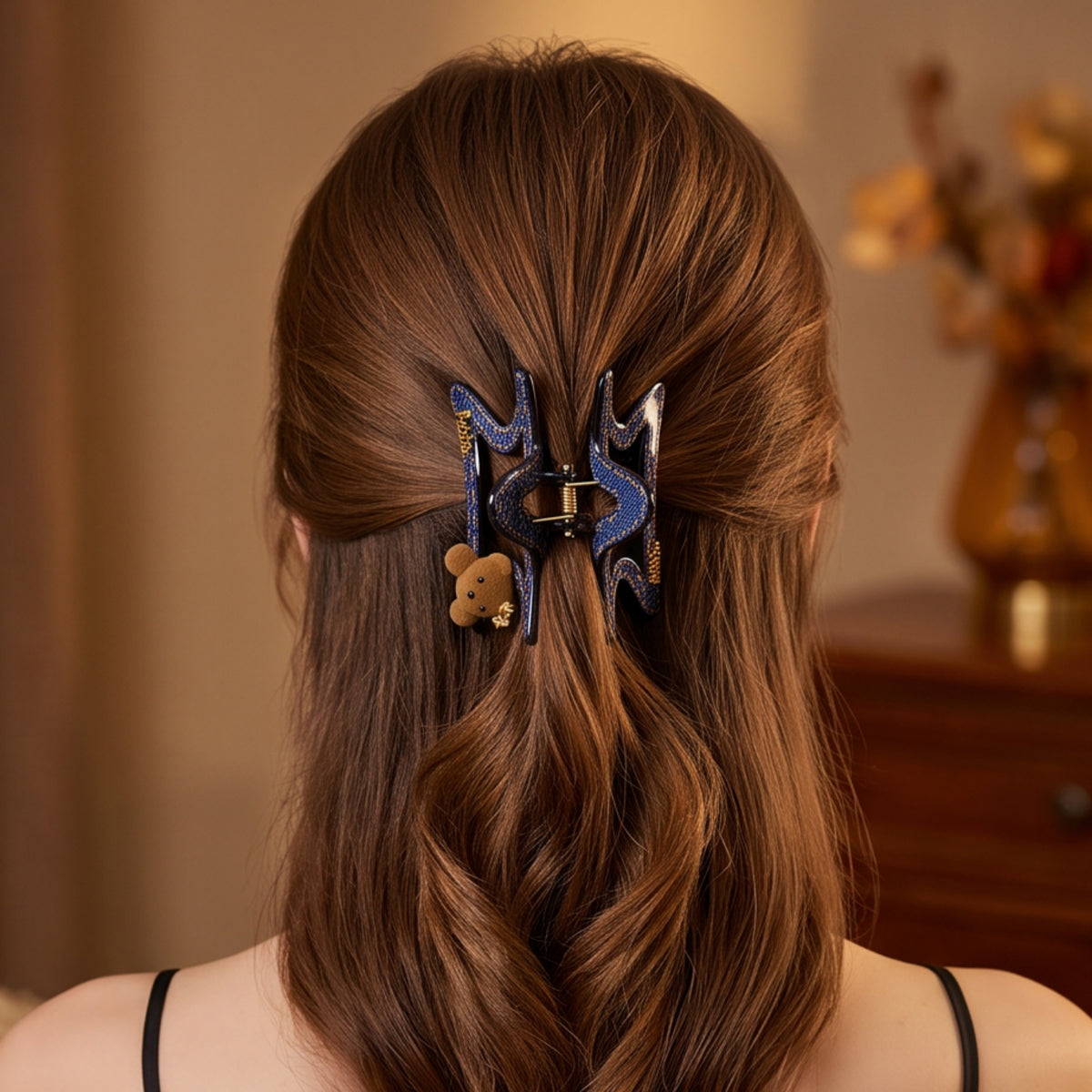 Navy Denim-Look Teddy Bear Acetate Claw Clip