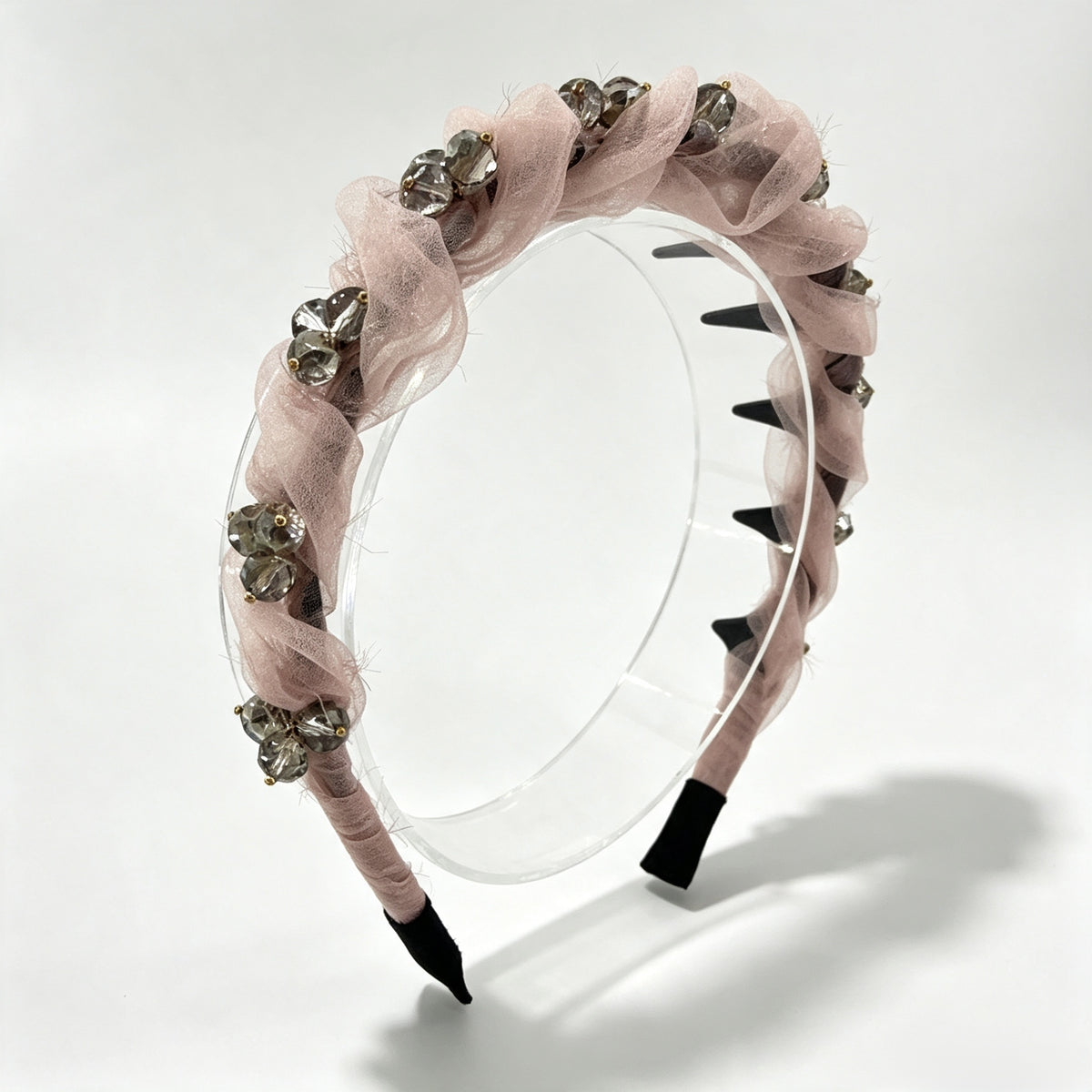 Nude Pink Pleated Crystal Non-Slip Headband