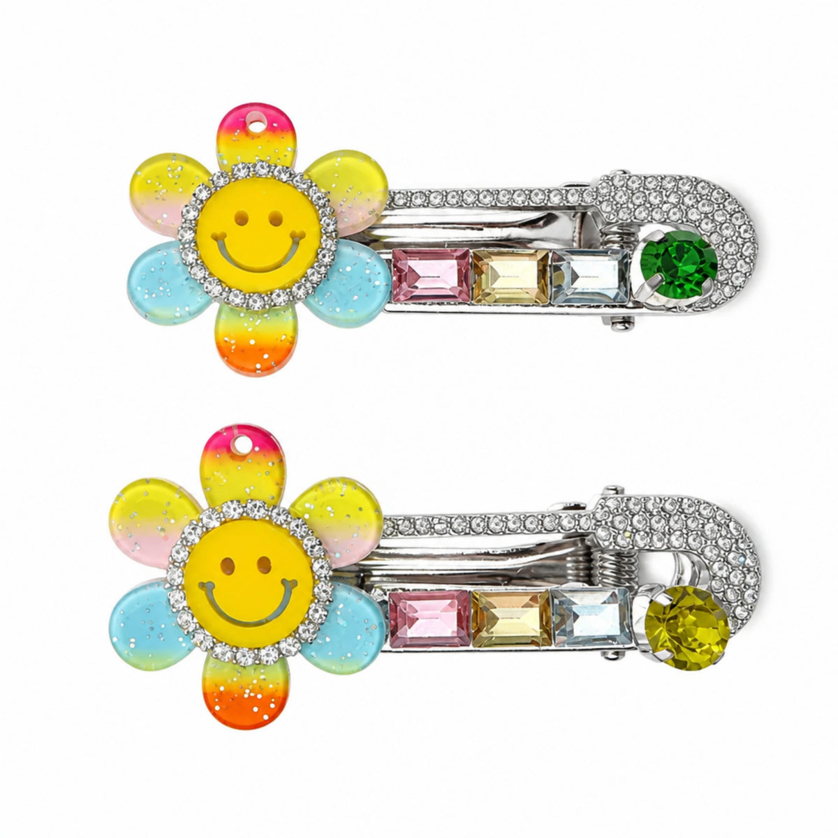 Pastel Smiley Flower Rhinestone Alligator Hair Clips - Set of 2