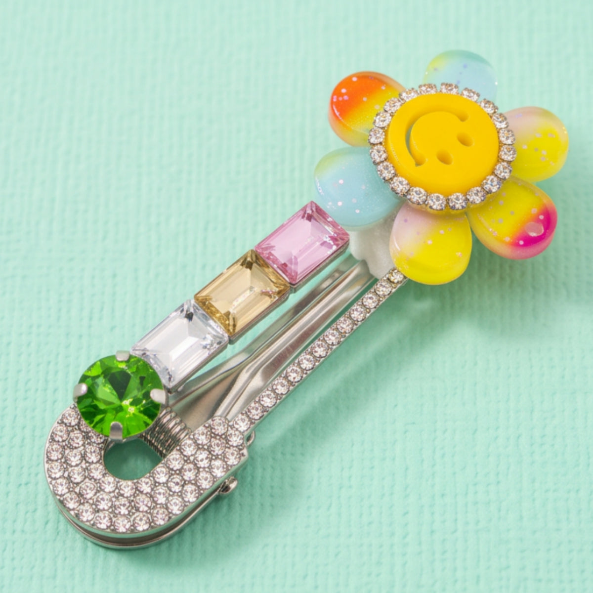 Pastel Smiley Flower Rhinestone Alligator Hair Clips - Set of 2