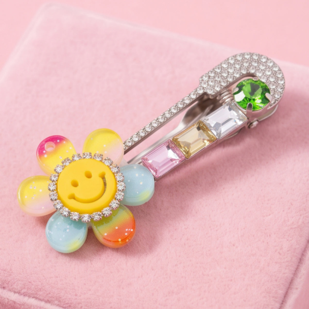 Pastel Smiley Flower Rhinestone Alligator Hair Clips - Set of 2