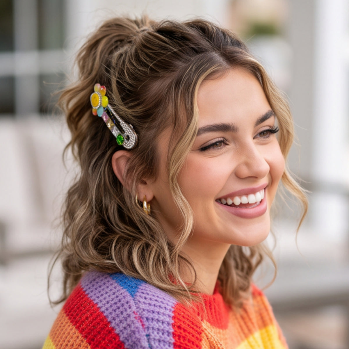 Pastel Smiley Flower Rhinestone Alligator Hair Clips - Set of 2