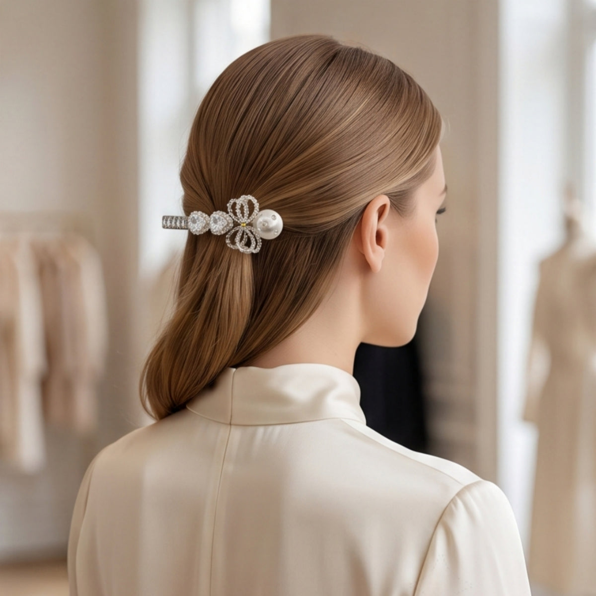 Pearl Bow Rhinestone Alligator Hair Clip