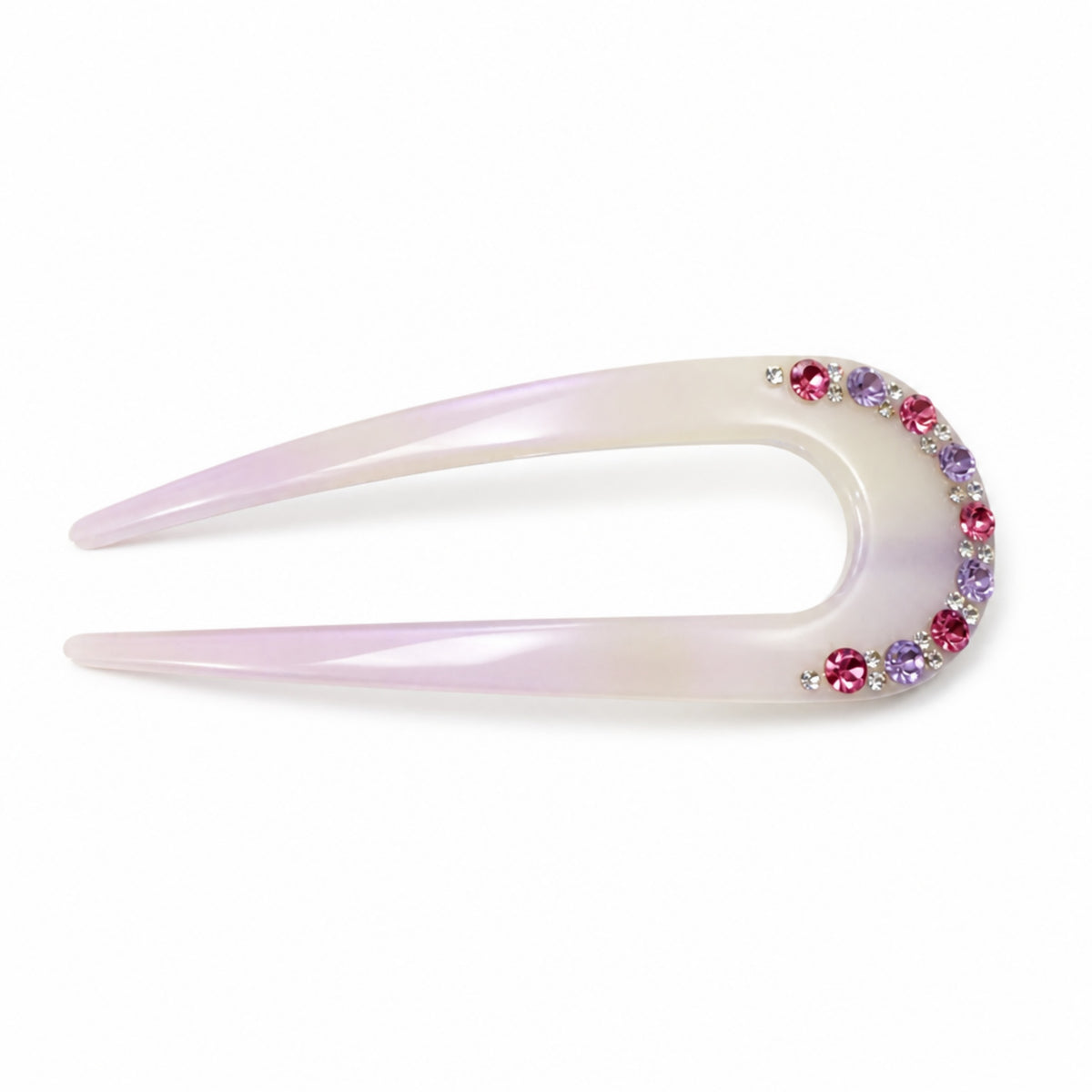 Pearl White & Lavender Rhinestone U-Shaped Acetate Hair Fork