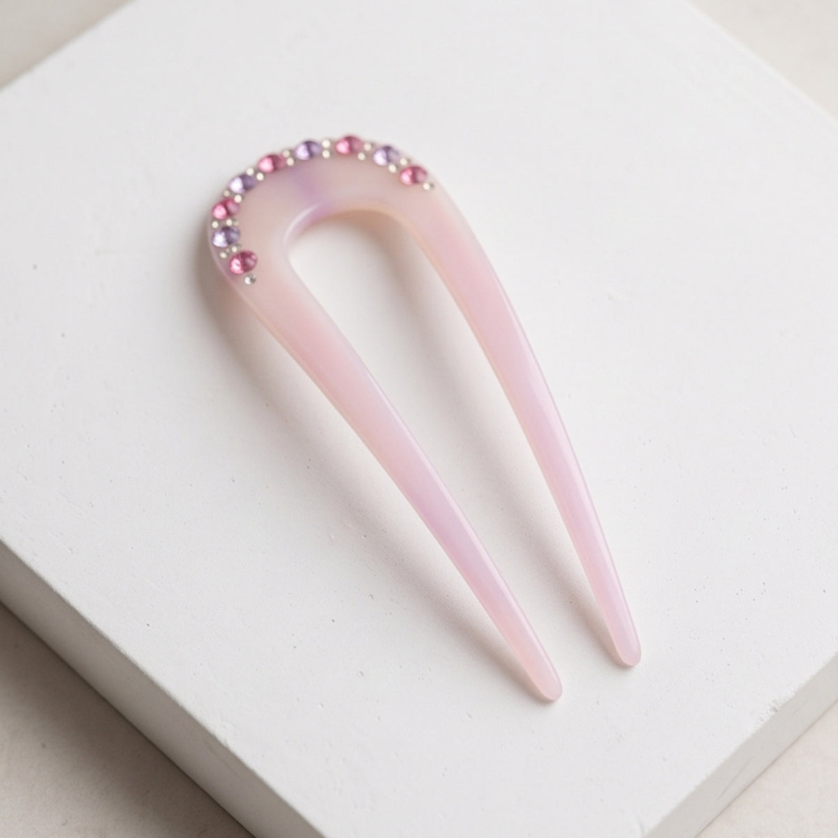 Pearl White & Lavender Rhinestone U-Shaped Acetate Hair Fork