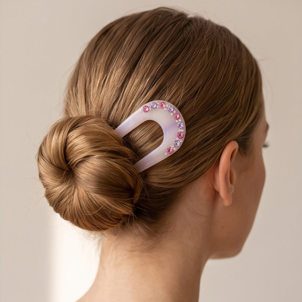 Pearl White & Lavender Rhinestone U-Shaped Acetate Hair Fork