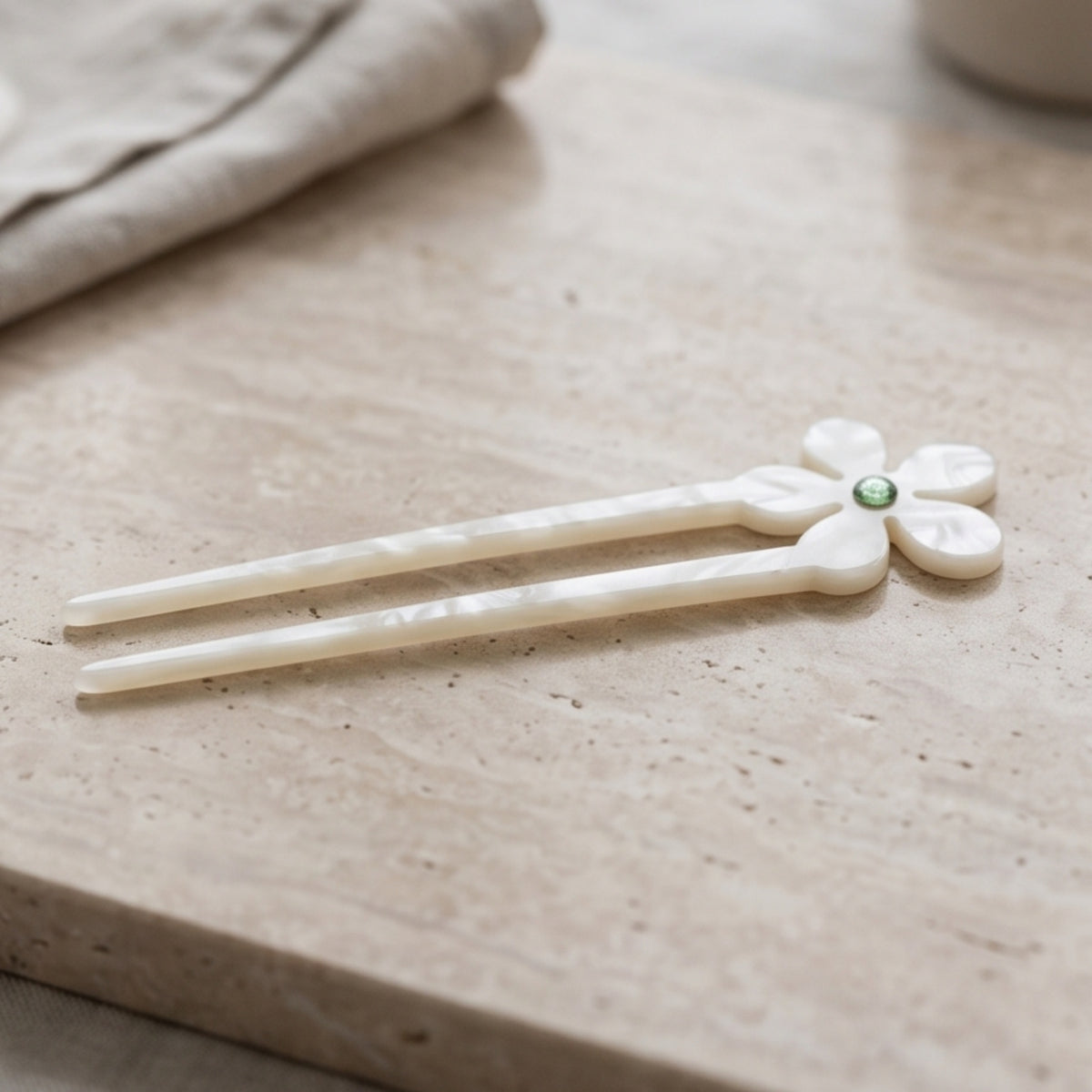 Pearl White Floral Double-Prong Acetate Hair Fork
