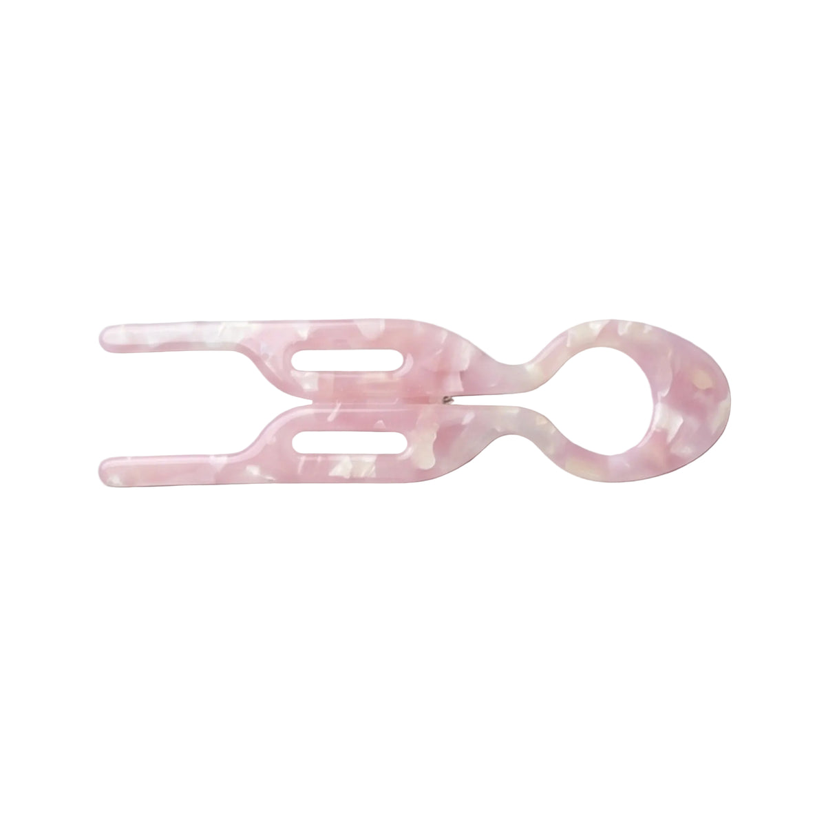 A single hair claw clip with a light pink and white marbled tortoiseshell pattern, photographed on a solid light gray background.