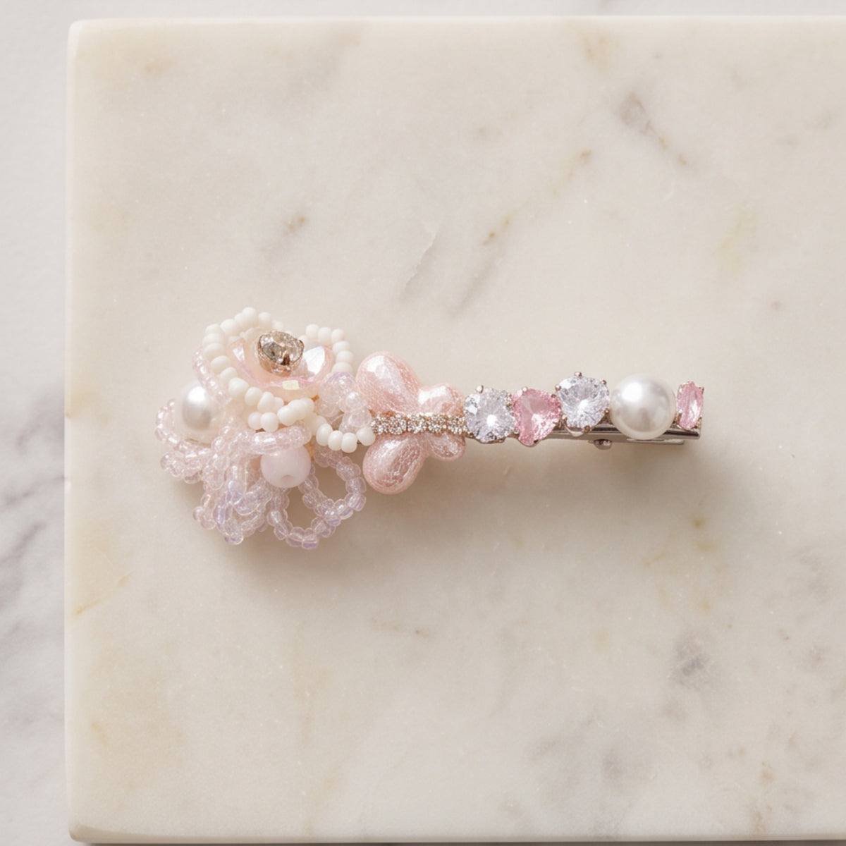 Pink Crystal Butterfly Flower Beaded Alligator Hair Clip