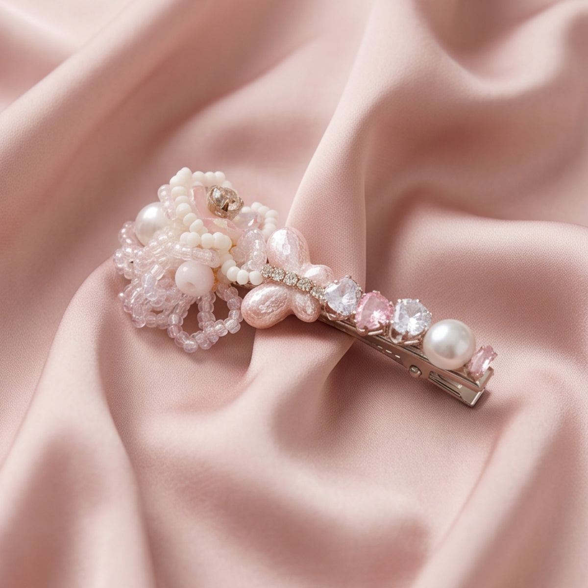 Pink Crystal Butterfly Flower Beaded Alligator Hair Clip