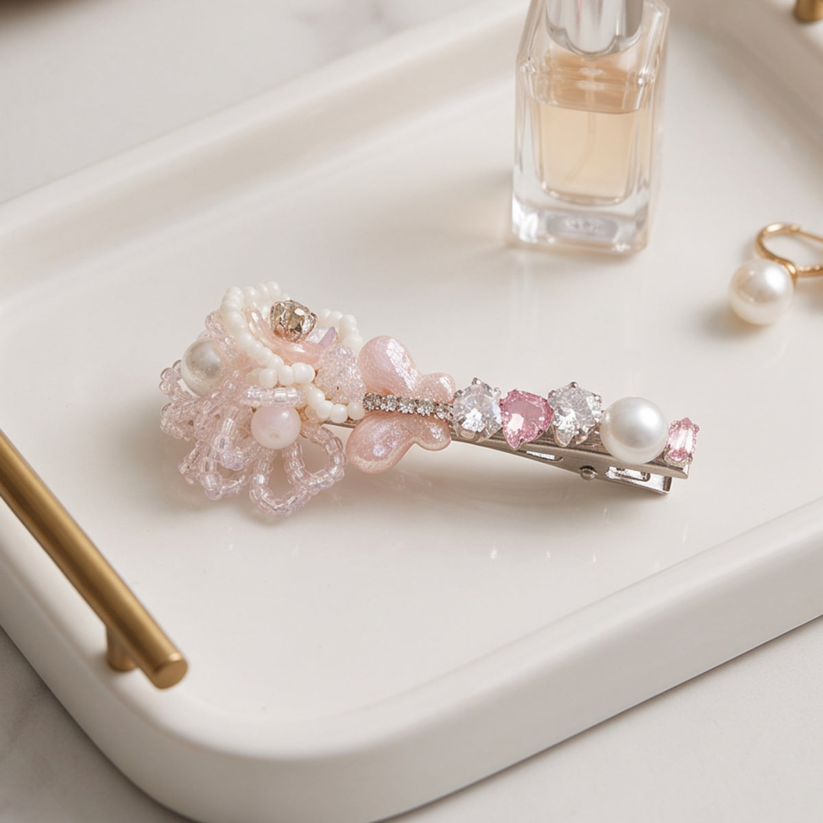 Pink Crystal Butterfly Flower Beaded Alligator Hair Clip