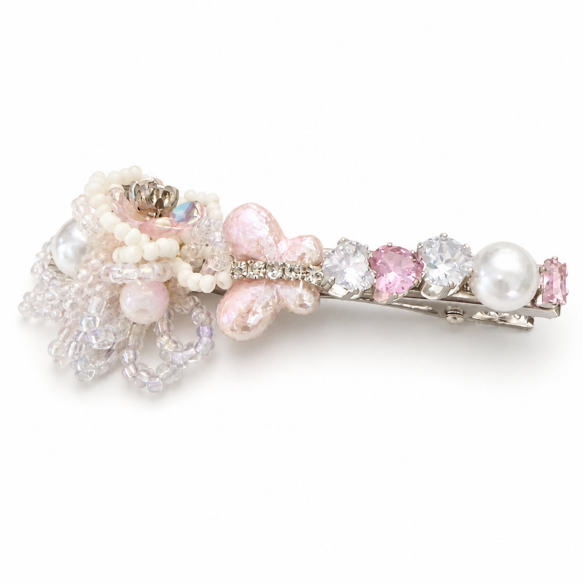 Pink Crystal Butterfly Flower Beaded Alligator Hair Clip
