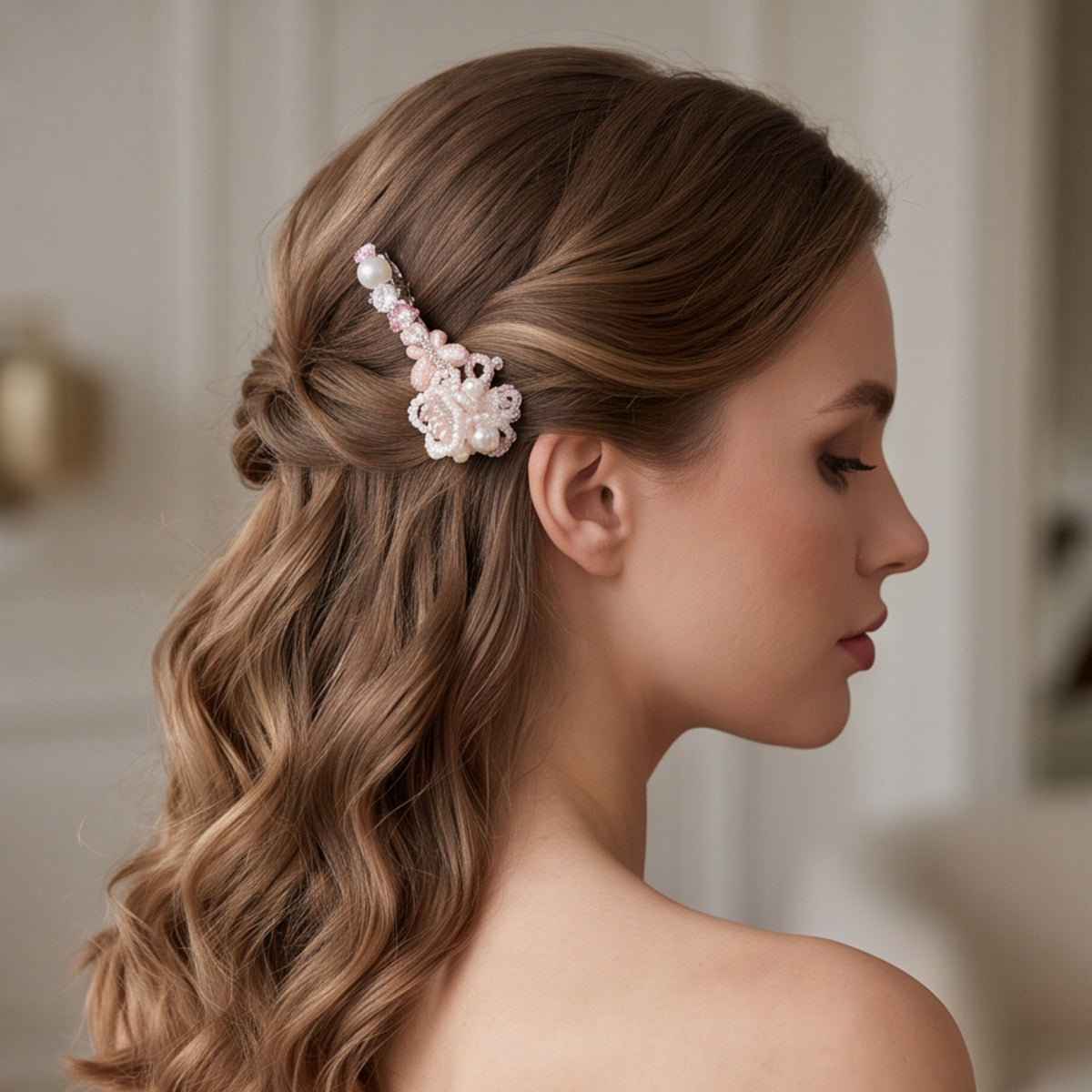 Pink Crystal Butterfly Flower Beaded Alligator Hair Clip