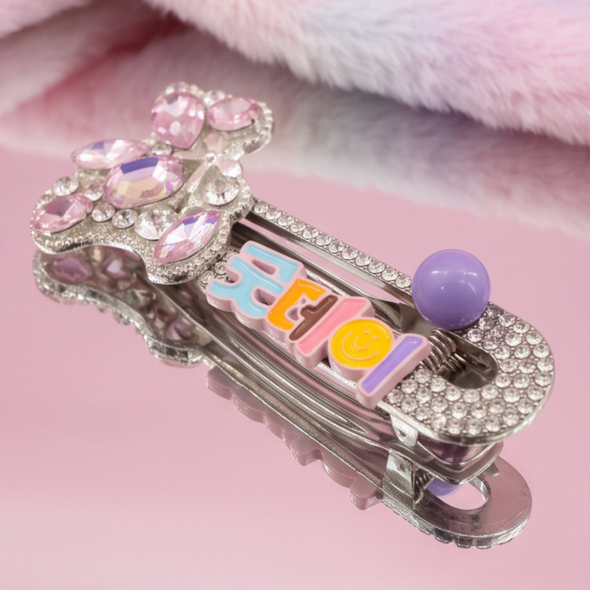 Pink Rhinestone Teddy Bear Alligator Hair Clips - Set of 2