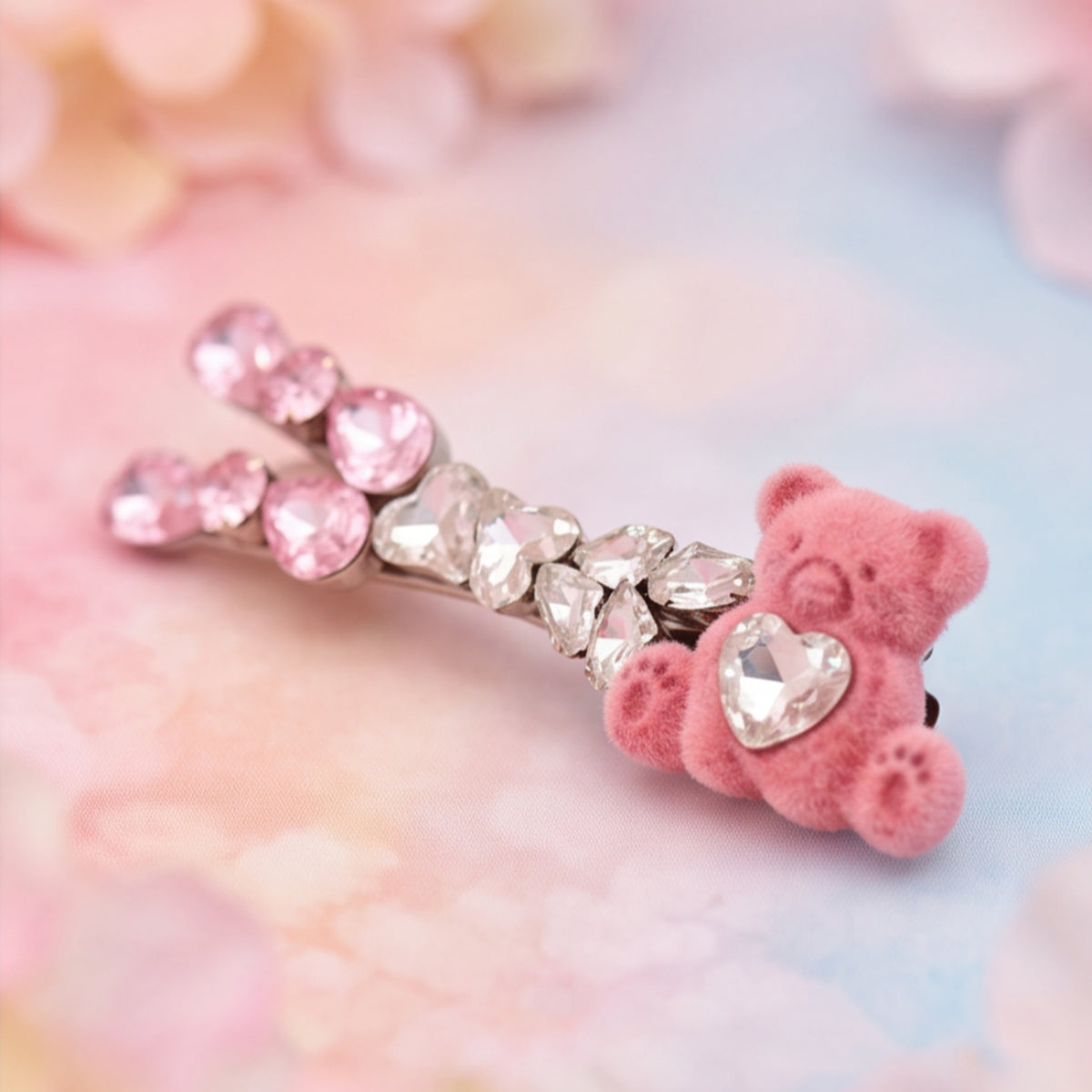 Pink Rhinestone Velvet Teddy Bear Alligator Hair Clip