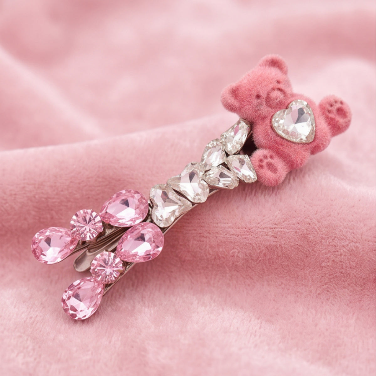 Pink Rhinestone Velvet Teddy Bear Alligator Hair Clip