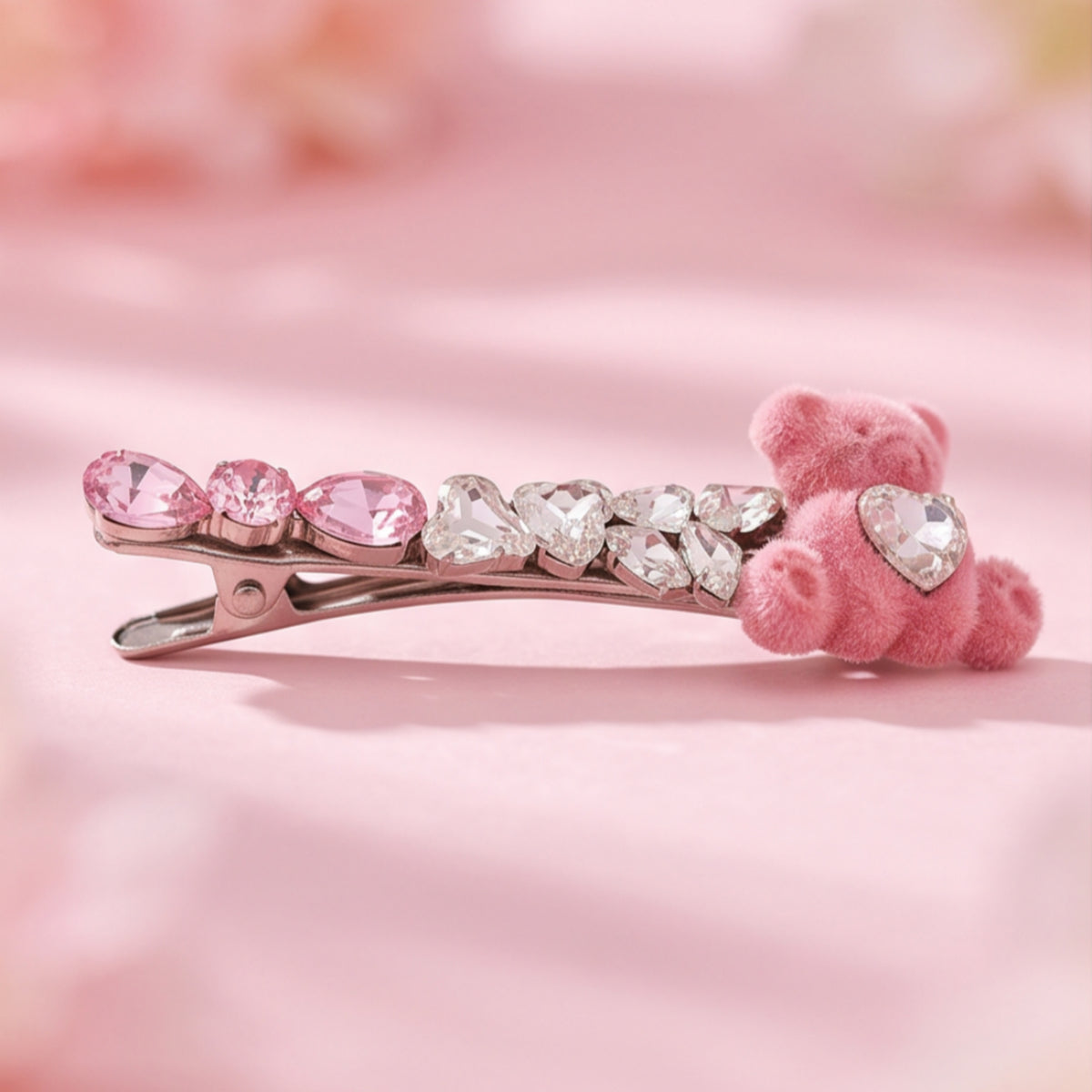 Pink Rhinestone Velvet Teddy Bear Alligator Hair Clip